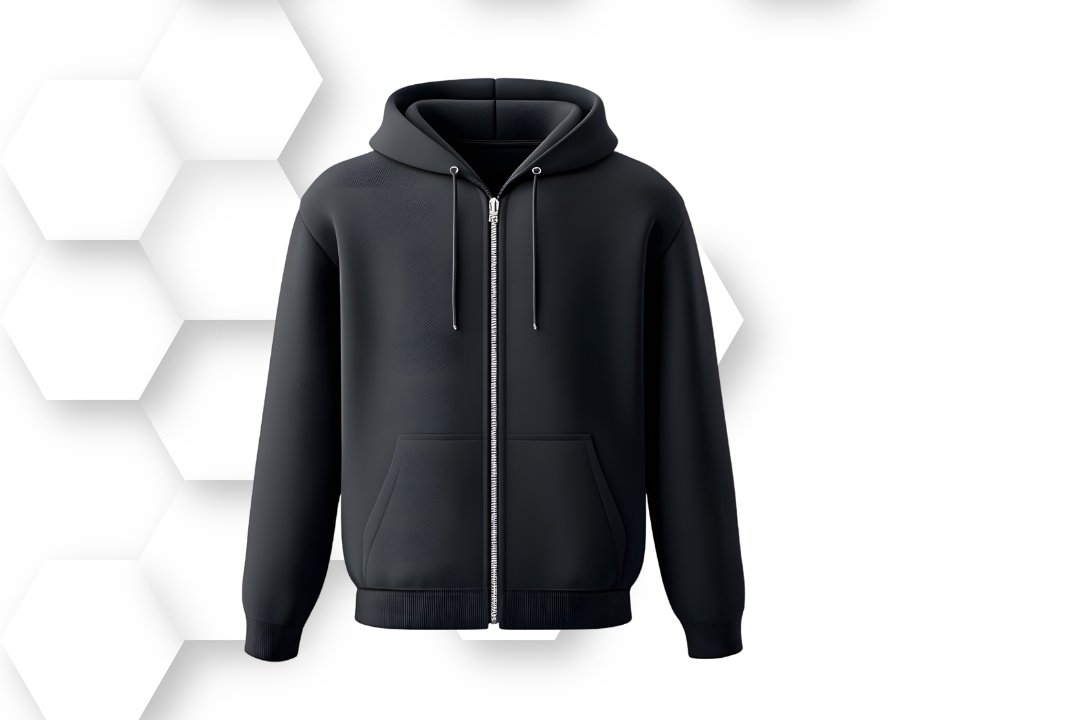 Custom black zip-up hoodie manufactured by Fasa Apparel Pakistan