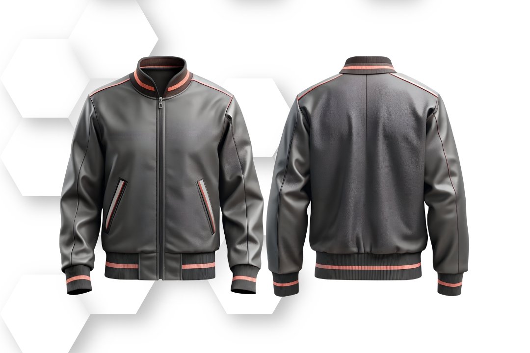 Custom gray varsity jacket with orange trim manufactured by Fasa Apparel Pakistan