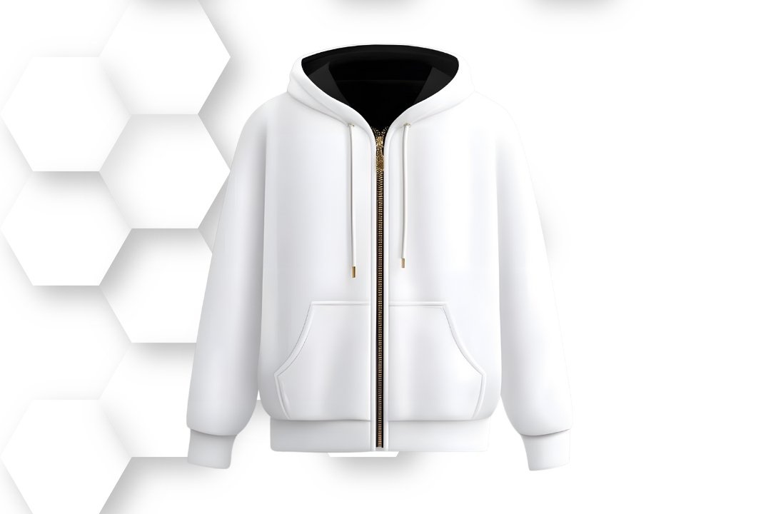 Custom white zip-up hoodie with black contrast hood manufactured by Fasa Apparel Pakistan