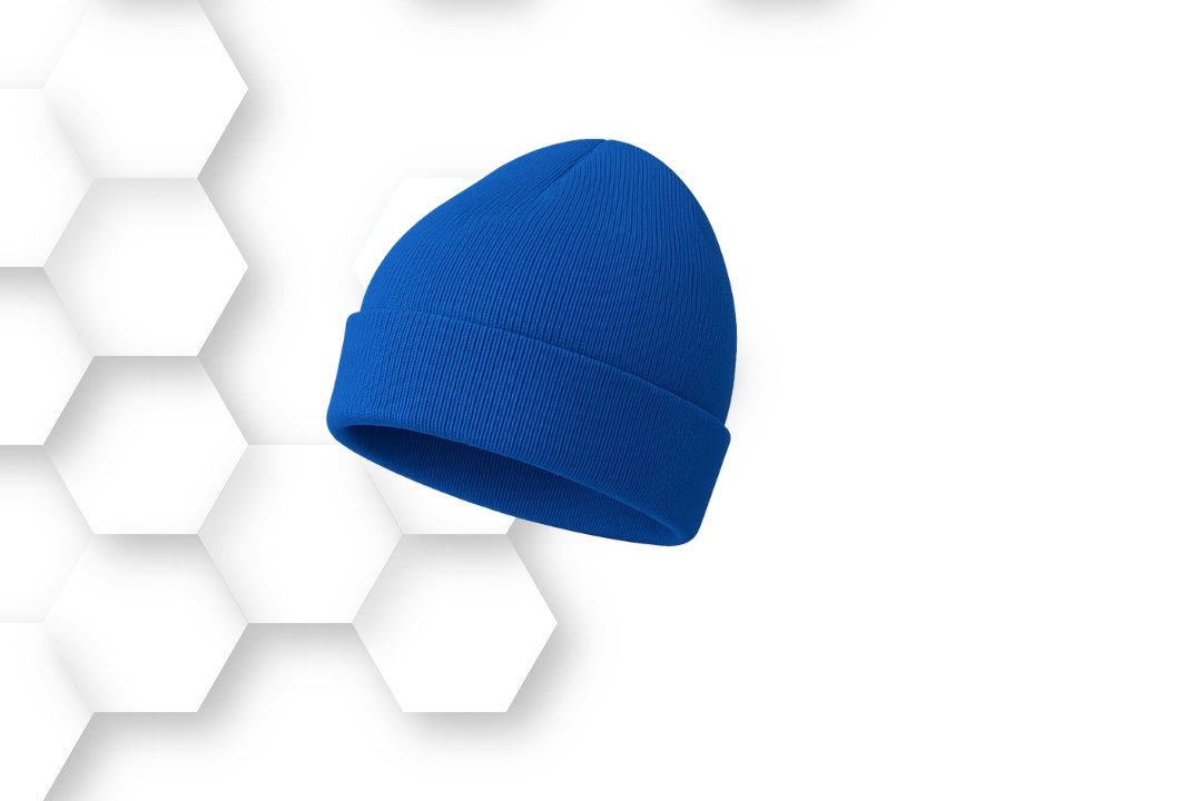 Custom blue knit beanie hat manufactured by Fasa Apparel Pakistan