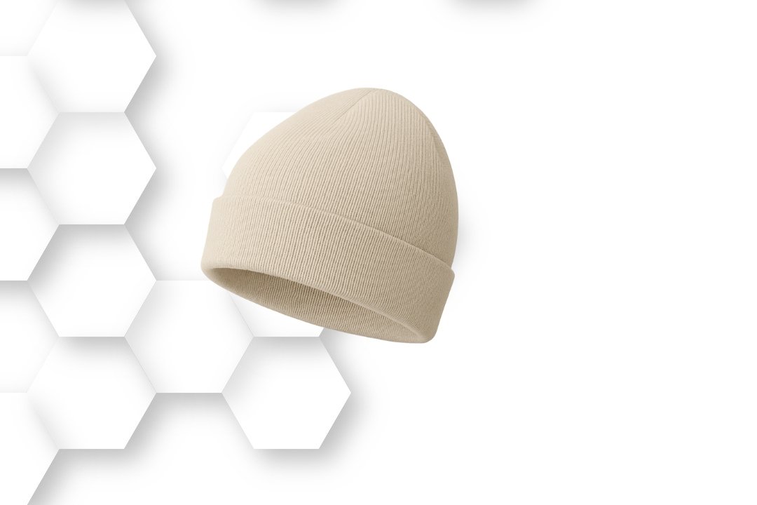 Custom beige knit beanie hat manufactured by Fasa Apparel Pakistan