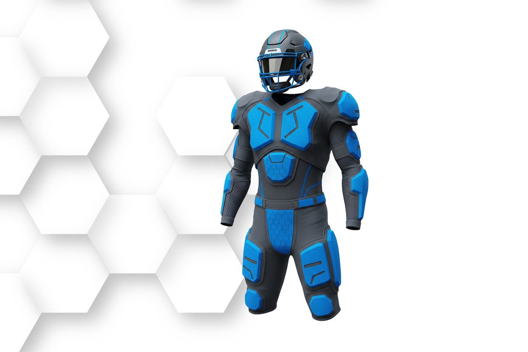 Blue and black American football uniform mockup with helmet on white hexagonal background.