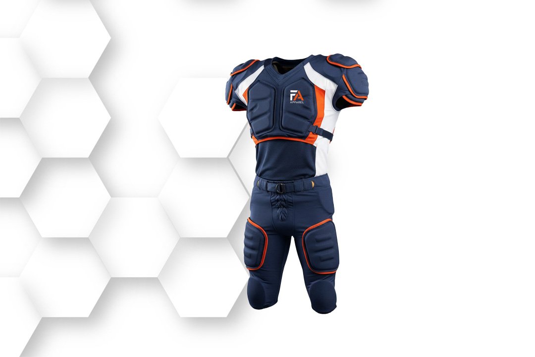 American football uniform mockup navy blue and orange custom sportswear by Fasa Apparel.