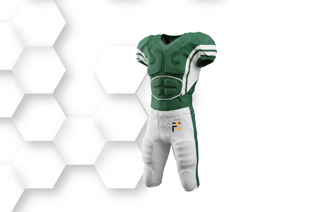 American football uniform in green jersey and white pants on a hexagonal background.