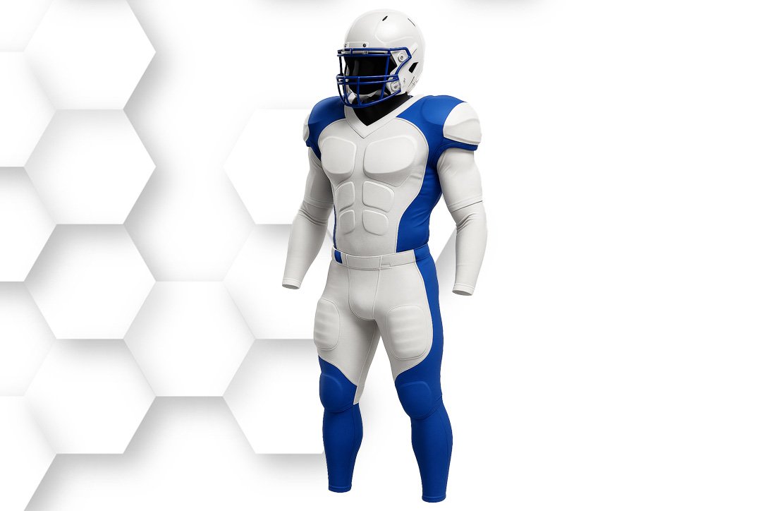 Blue and white American football uniform with helmet, shoulder pads, and full-body gear designed for professional teams and athletic performance.
