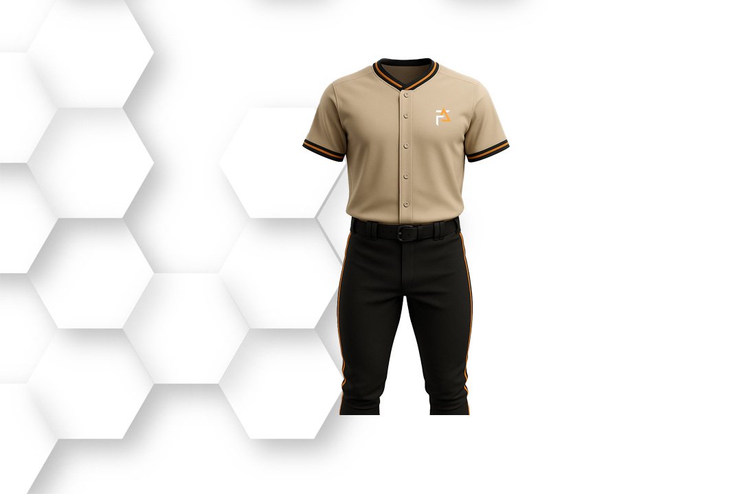 Beige and black baseball uniform featuring a short-sleeve button jersey and matching pants, made with breathable fabric for athletic comfort and style.