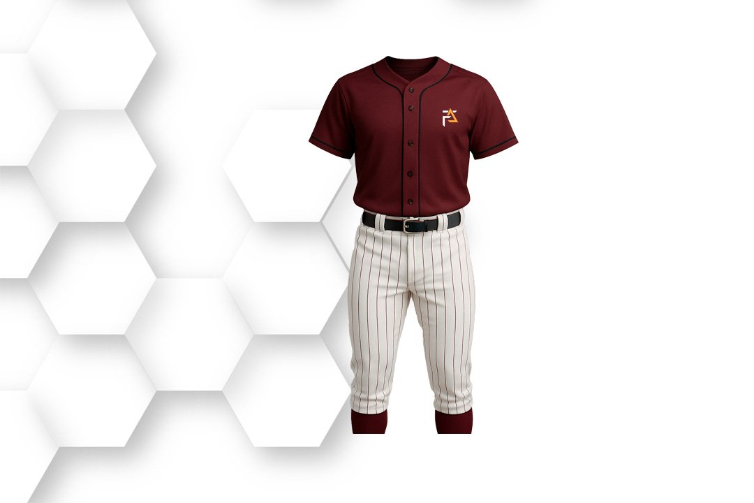 Maroon and white baseball uniform with button-up jersey and matching pants, designed for comfort, durability, and professional team performance.