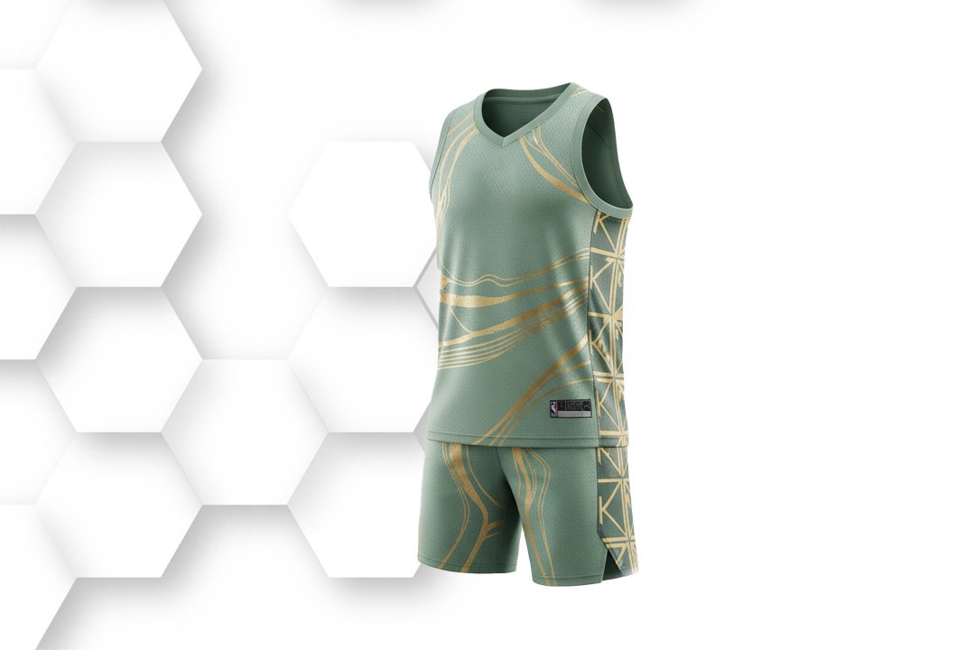 Light olive green basketball jersey and shorts set with gold graphic detailing, sleeveless design, and breathable athletic fabric for team performance.