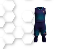 Dark navy and teal basketball jersey and shorts set featuring a modern gradient design, lightweight breathable fabric, and athletic fit for players.