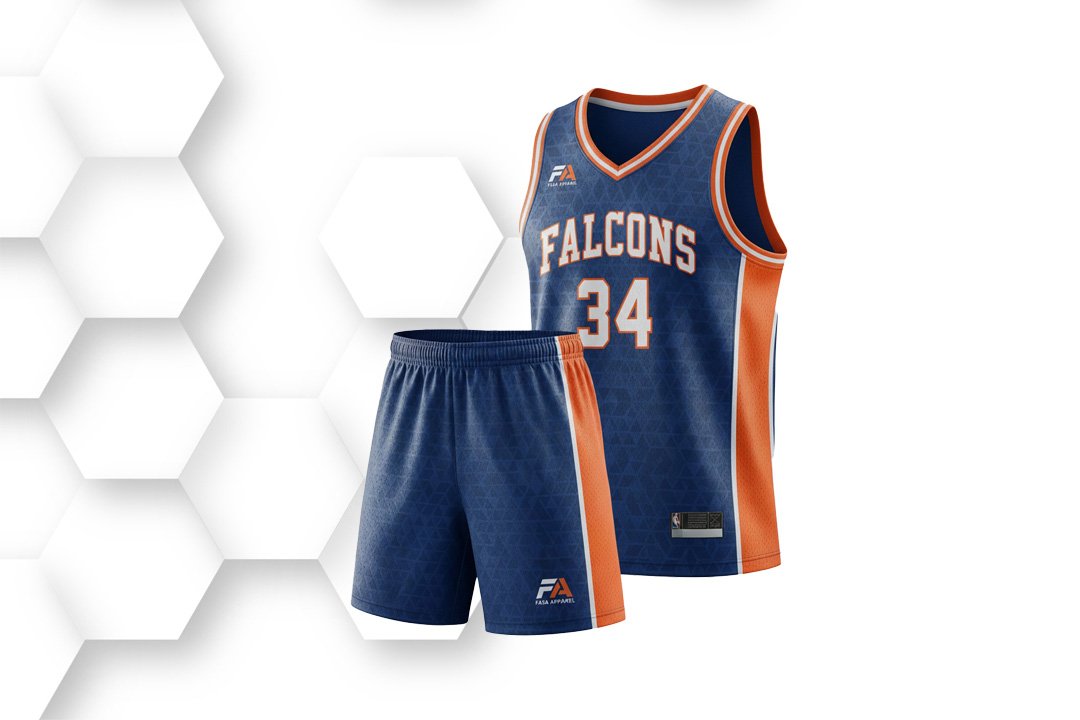 Navy blue and orange basketball uniform set with sleeveless jersey and matching shorts, designed for professional teams and athletic performance.