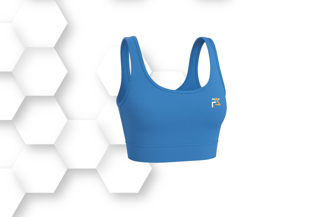 Blue women’s sports bra with scoop neck and wide straps, made from soft stretchable fabric for yoga, gym, and fitness workouts.
