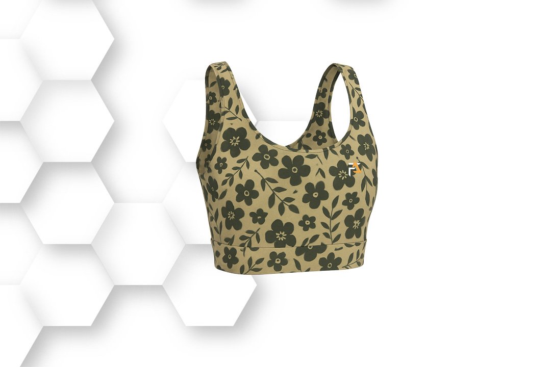 Leopard-print women’s sports bra with scoop neck and wide straps, made from stretchable breathable fabric for gym, yoga, and activewear.