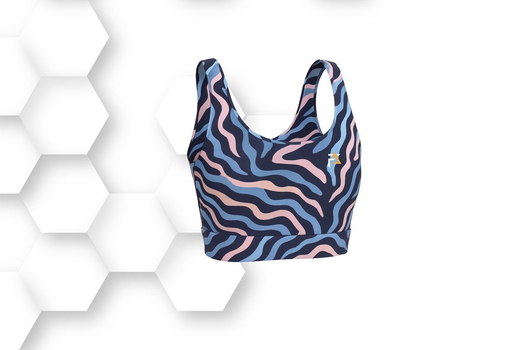 Multicolor wave-pattern women’s sports bra with scoop neck and wide straps, made from breathable stretch fabric for yoga and fitness workouts.