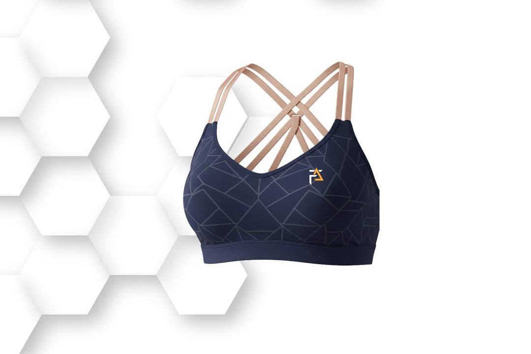Navy blue sports bra with criss-cross back straps and padded support, made from breathable stretch fabric for gym and yoga workouts.