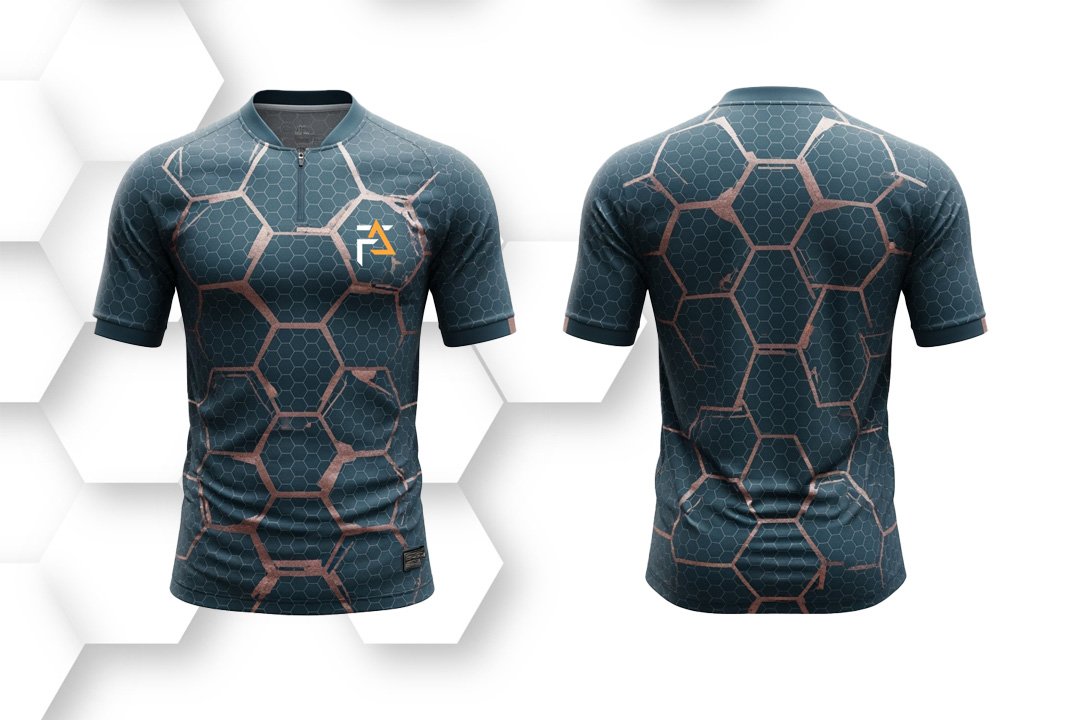 Modern dark sports jersey with hexagonal pattern design on front and back, made from breathable quick-dry fabric for athletes and teams.