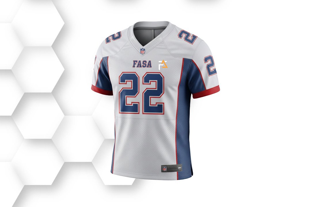 White and blue American football jersey with red detailing and number print, designed for professional teams with breathable athletic fabric.