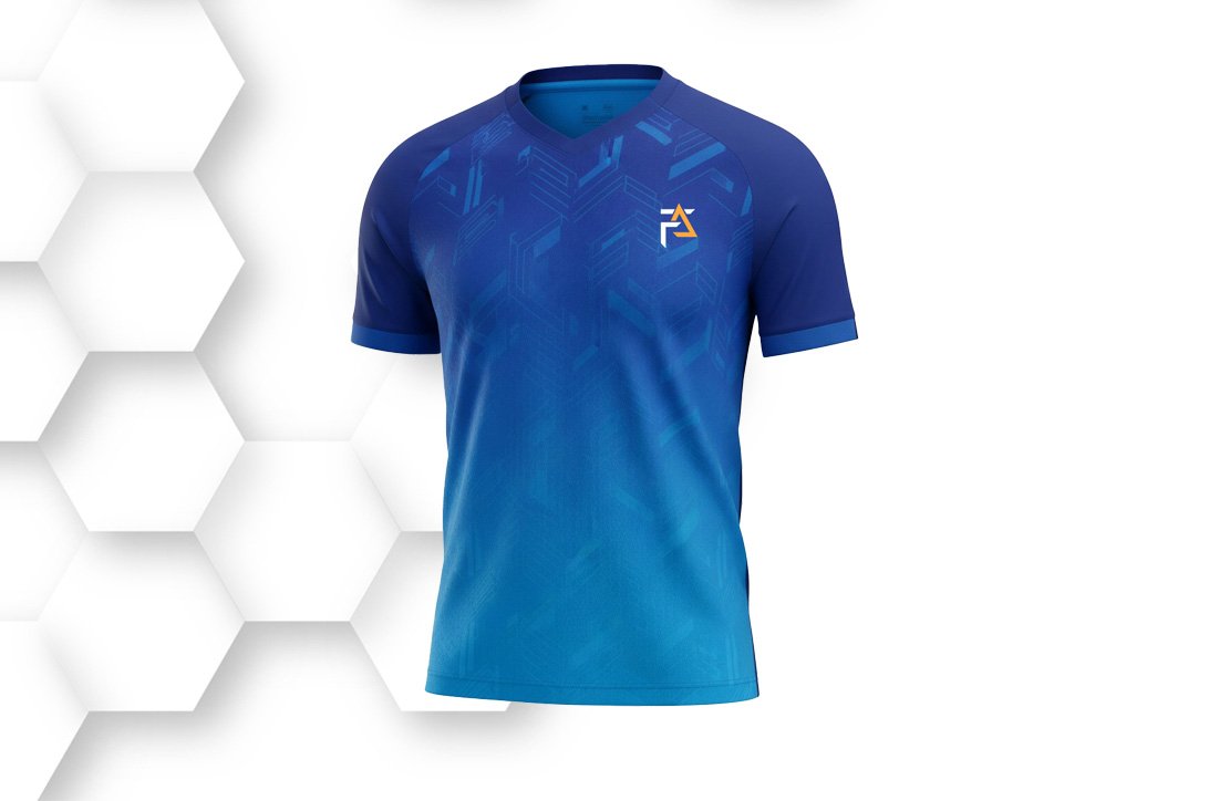 Gradient blue athletic jersey with short sleeves, lightweight moisture-wicking fabric, and modern design for football, soccer, or training wear.