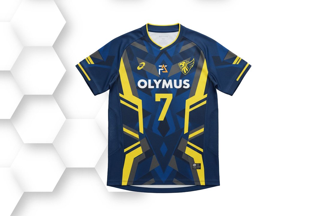 Navy blue and yellow sports jersey with geometric pattern, short sleeves, and breathable quick-dry fabric for soccer, football, and training wear.