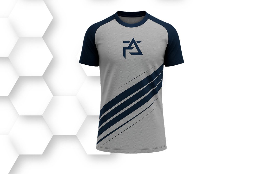 Gray and navy blue sports jersey with diagonal stripe design, made from lightweight breathable polyester for football, training, and athletic wear.