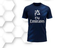Navy blue football jersey with white logo print, short sleeves, and lightweight breathable fabric designed for professional training and matches.
