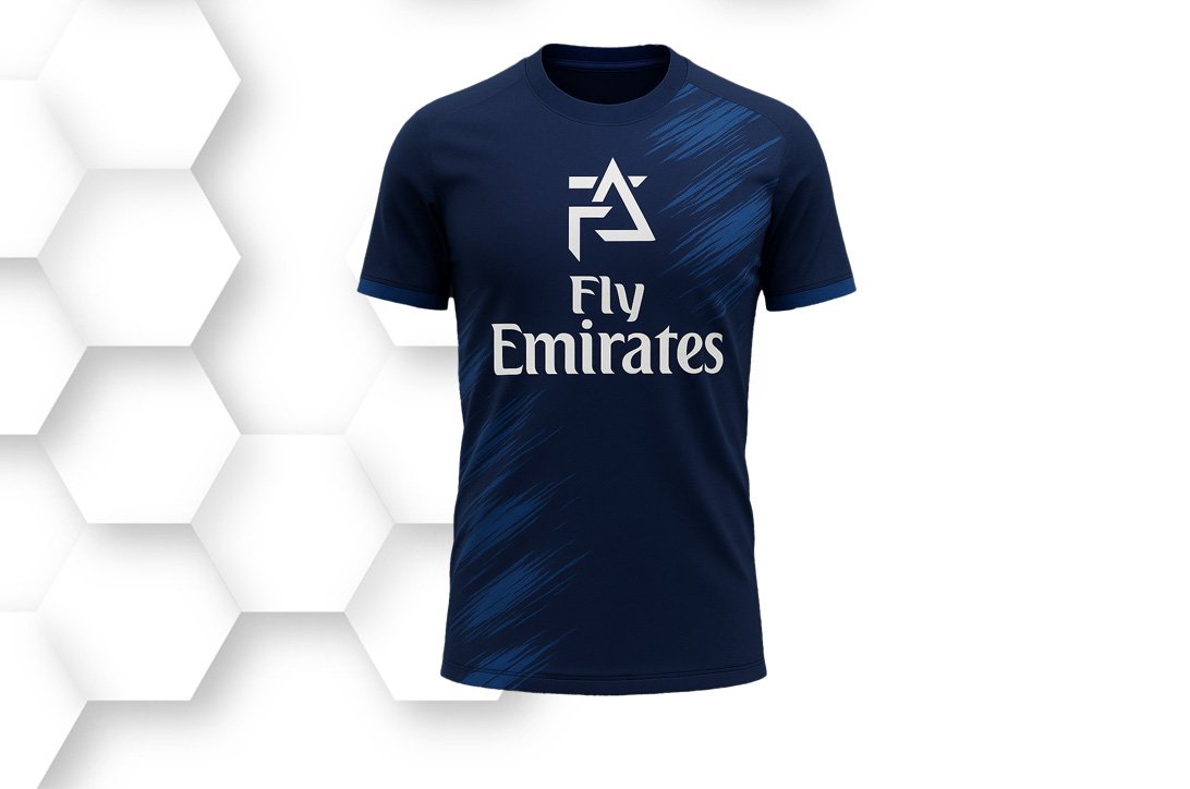 Navy blue football jersey with white logo print, short sleeves, and lightweight breathable fabric designed for professional training and matches.