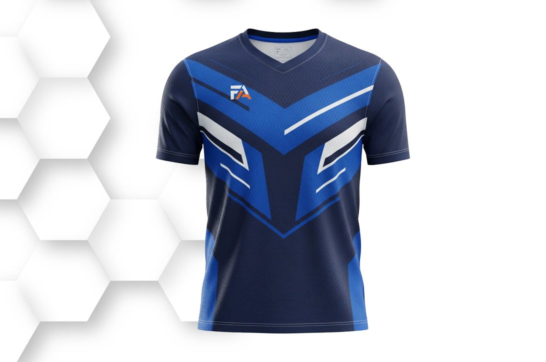 Navy and electric blue sports jersey with modern chevron design, short sleeves, and lightweight breathable polyester for professional training and matches.