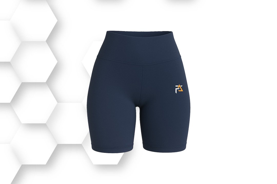 Navy blue women’s high-waist sports shorts made from stretchable breathable fabric, ideal for yoga, running, and fitness training.