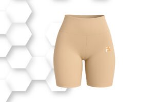 Beige women’s high-waist athletic shorts with soft stretch fabric, designed for yoga, gym training, and everyday activewear comfort.