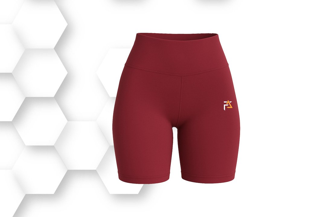 Maroon women’s high-waist sports shorts with stretch fabric, designed for yoga, gym workouts, and everyday activewear comfort.