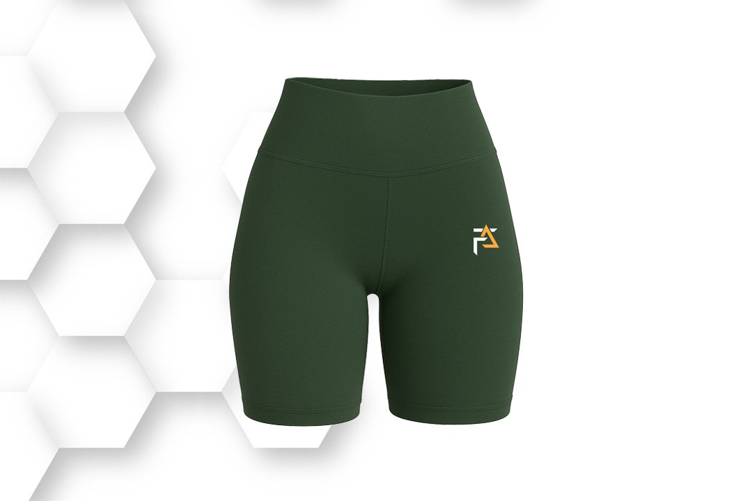 Dark green women’s athletic shorts with high-waist fit and stretch fabric, designed for yoga, running, and gym training comfort.
