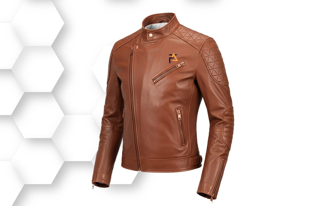 Brown leather biker jacket with front zipper and stand collar — stylish slim-fit outerwear for men.
