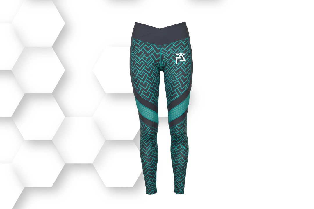 Teal patterned women’s leggings with high-waist fit and stretch fabric, designed for yoga, gym, and activewear comfort.
