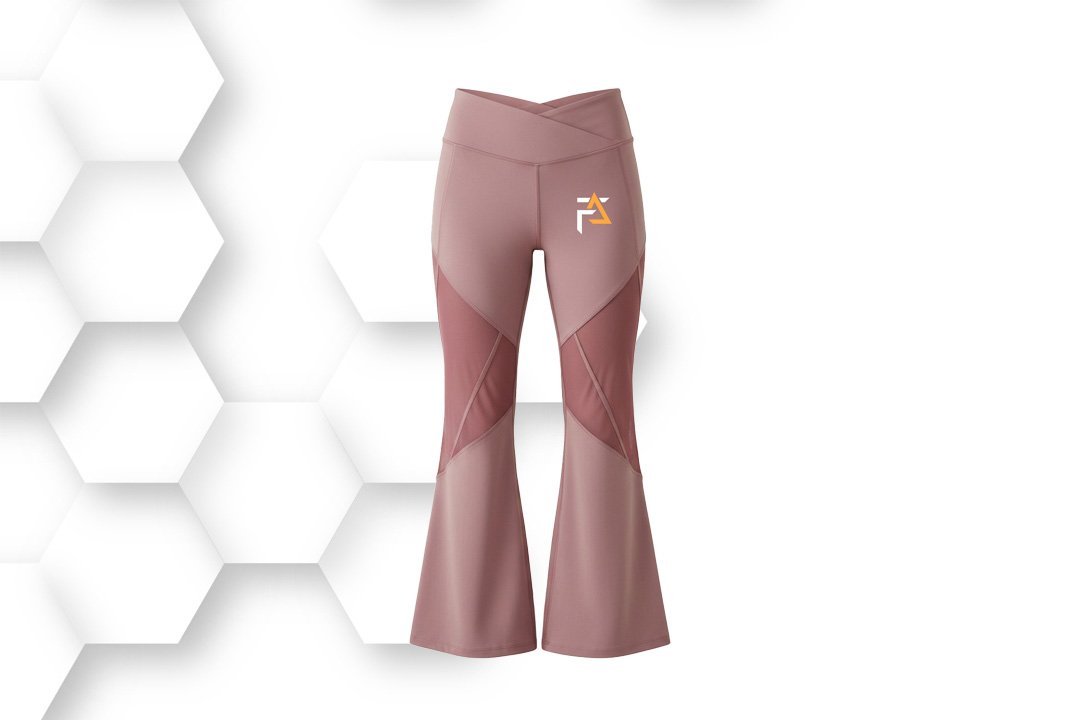 Rose pink flared leggings with high-waist design and soft stretch fabric, ideal for yoga, fitness, and casual activewear.