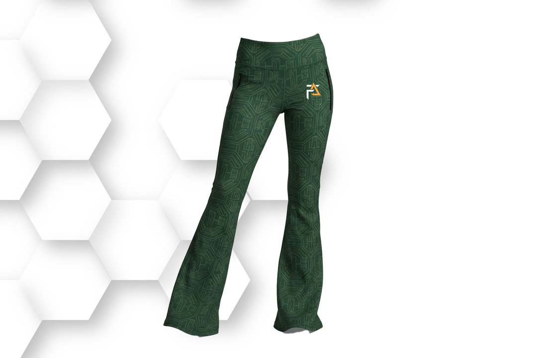 Dark-green flared leggings with high-waist fit and stretch fabric, designed for yoga, gym workouts, and everyday activewear comfort.