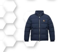 Navy blue puffer jacket with front zipper and lightweight quilted padding for winter warmth and outdoor wear.