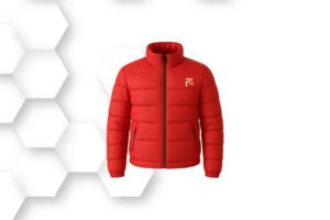 Red puffer jacket with front zipper and quilted padding for warmth and comfort during winter.