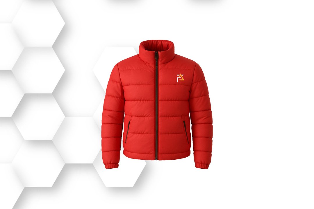 Red puffer jacket with front zipper and quilted padding for warmth and comfort during winter.