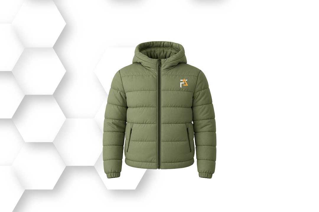 Olive green puffer jacket with hood and quilted insulation for lightweight winter warmth and outdoor comfort.