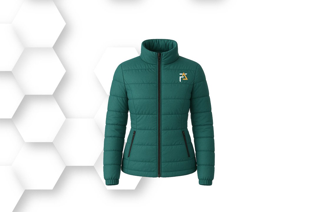 Teal puffer jacket with stand-up collar and quilted lightweight padding for winter warmth and outdoor wear.