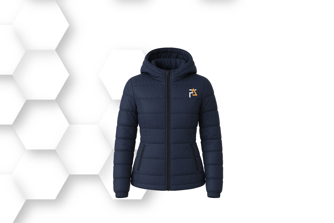 Navy blue hooded puffer jacket with quilted insulation for lightweight warmth and sleek winter style.