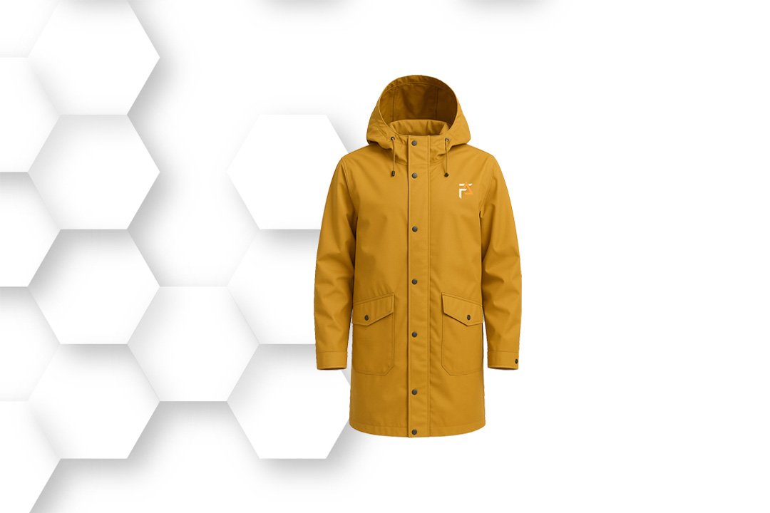 Yellow hooded raincoat made from waterproof material with front zipper and pockets, designed for outdoor use and all-weather protection.