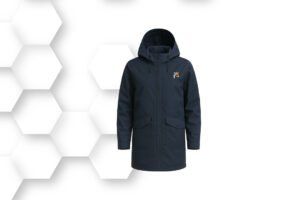 Navy blue waterproof raincoat with hood and full-length zipper, designed for outdoor protection and everyday wear.