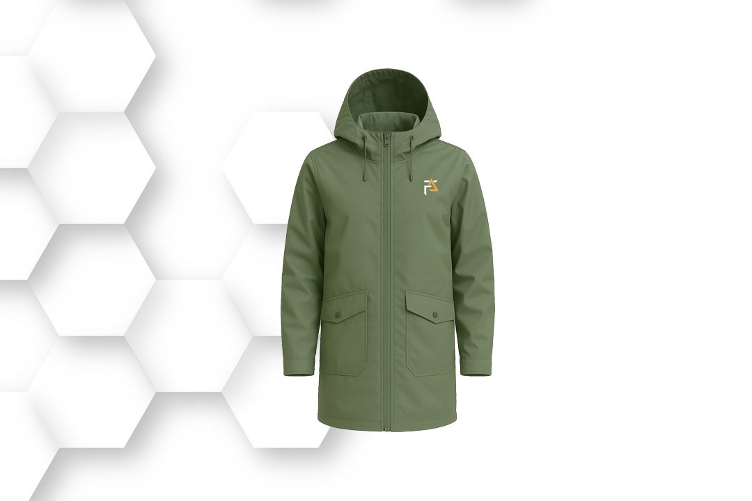 Olive green waterproof raincoat with hood, long sleeves, and front zipper made from breathable lightweight fabric for outdoor protection.