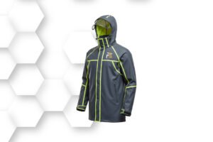 Dark gray waterproof raincoat with neon green lining and hood, made from lightweight, breathable material for outdoor protection.