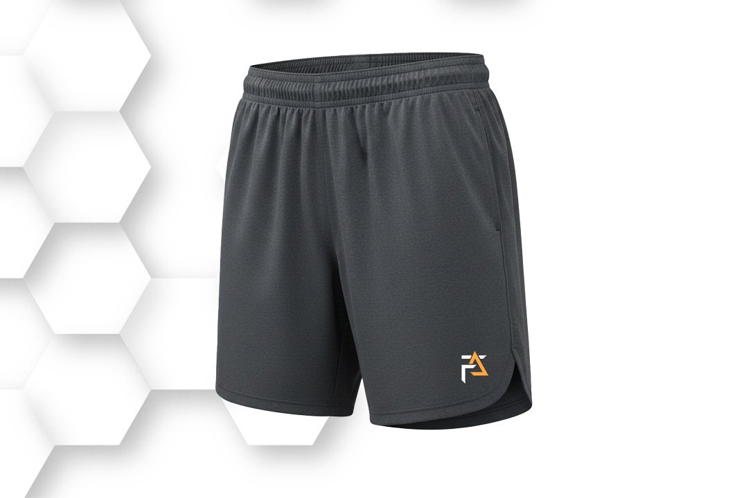 Charcoal gray athletic shorts with elastic waistband and breathable quick-dry fabric, perfect for running, gym, and sports training.