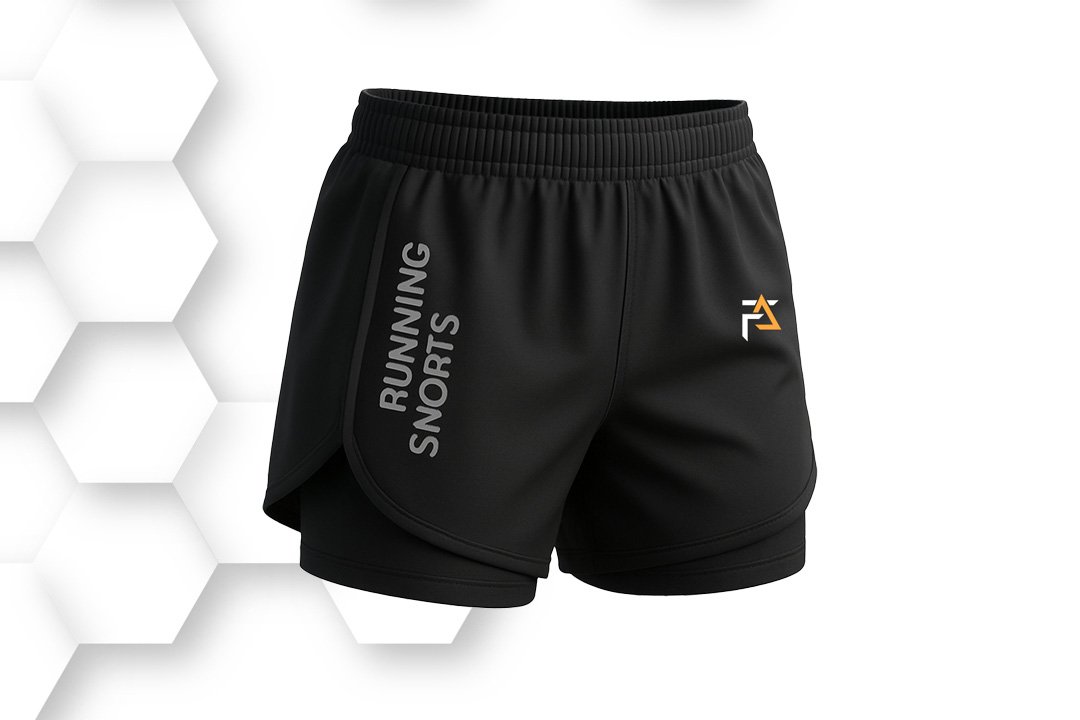 Black athletic shorts with elastic waistband and small logo on left leg, lightweight quick-dry fabric for running, training, and gym.