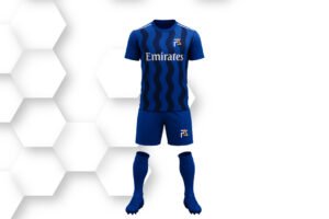 Blue and black striped soccer uniform with short-sleeve jersey, shorts, and socks designed for professional football teams and training.