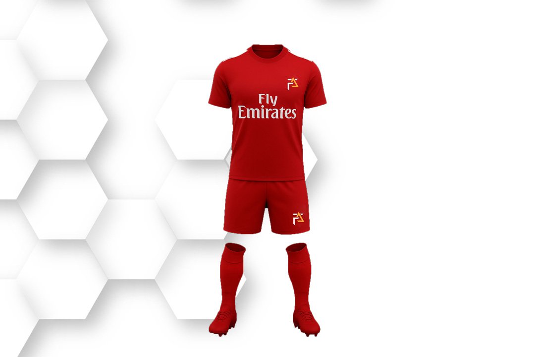 Red soccer uniform with short-sleeve jersey, shorts, and matching socks made from breathable, moisture-wicking fabric for professional performance.