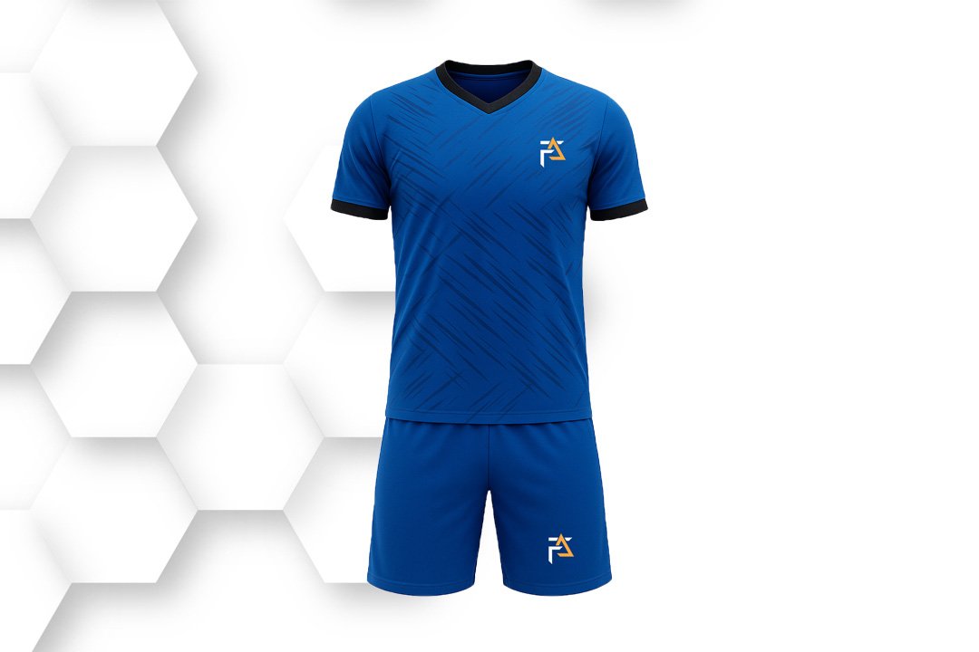 Royal blue soccer uniform with short-sleeve jersey and matching shorts, made from lightweight breathable polyester for team performance.