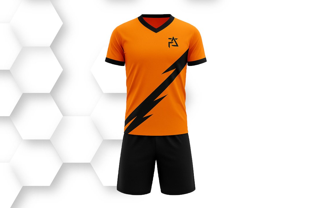 Orange and black soccer uniform set with short-sleeve jersey and shorts, featuring diagonal stripe design for professional teams and training.